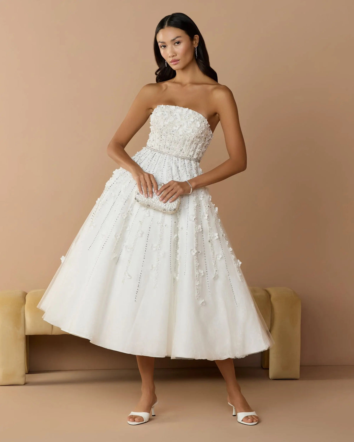 White Floral Embellished Strapless A-Line Midi Dress