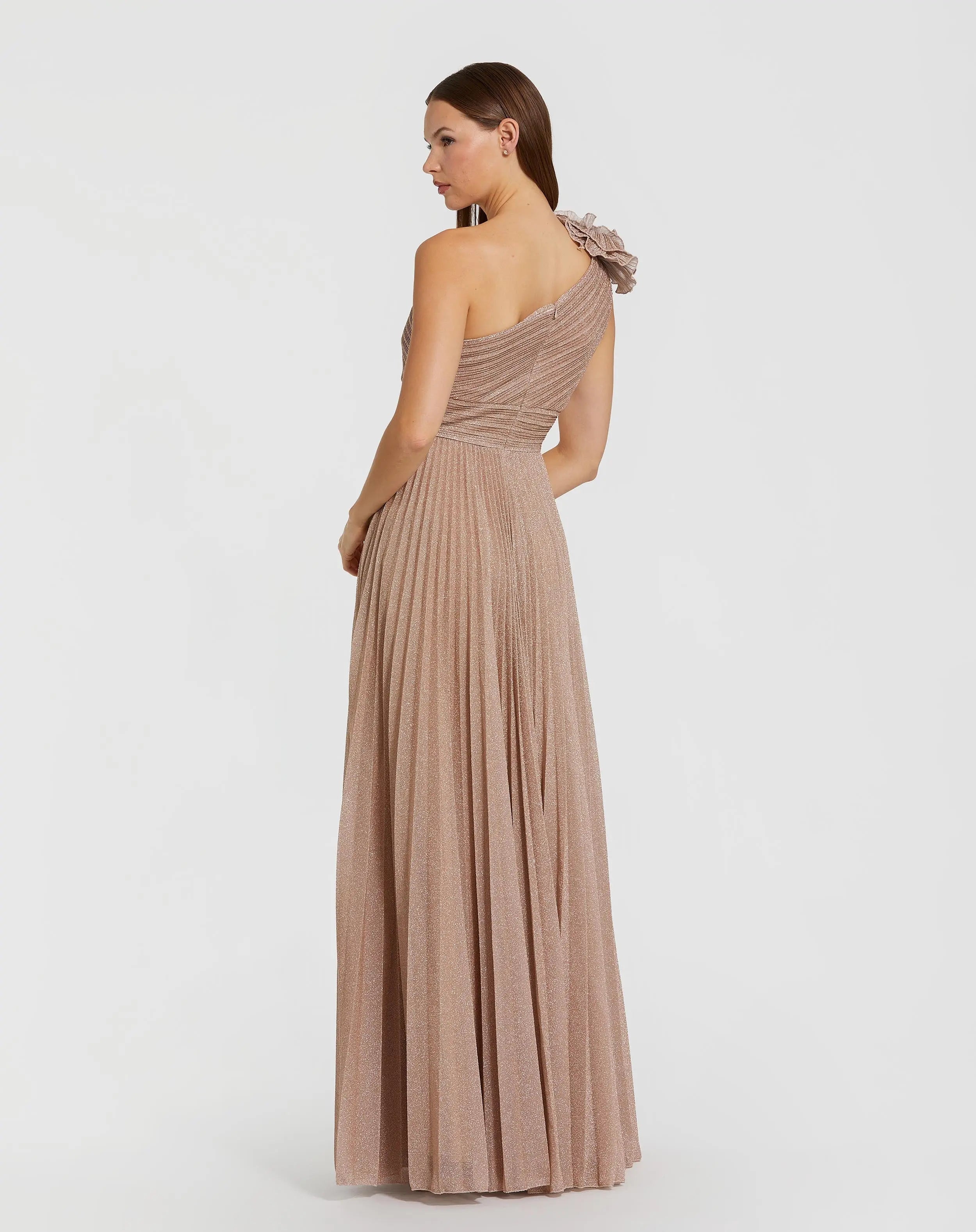 Pleated One Shoulder Ruffle Gown