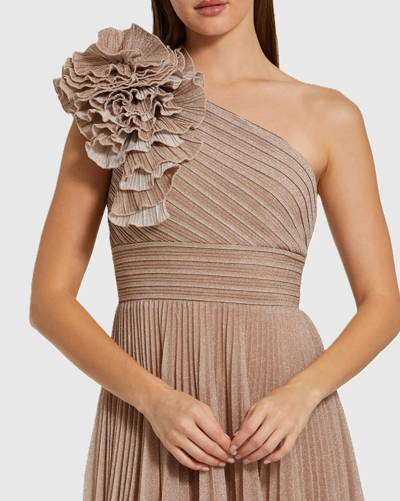 Pleated One Shoulder Ruffle Gown