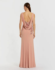 Pink Sleeveless Jersey Cowl Neck Gown With Beading