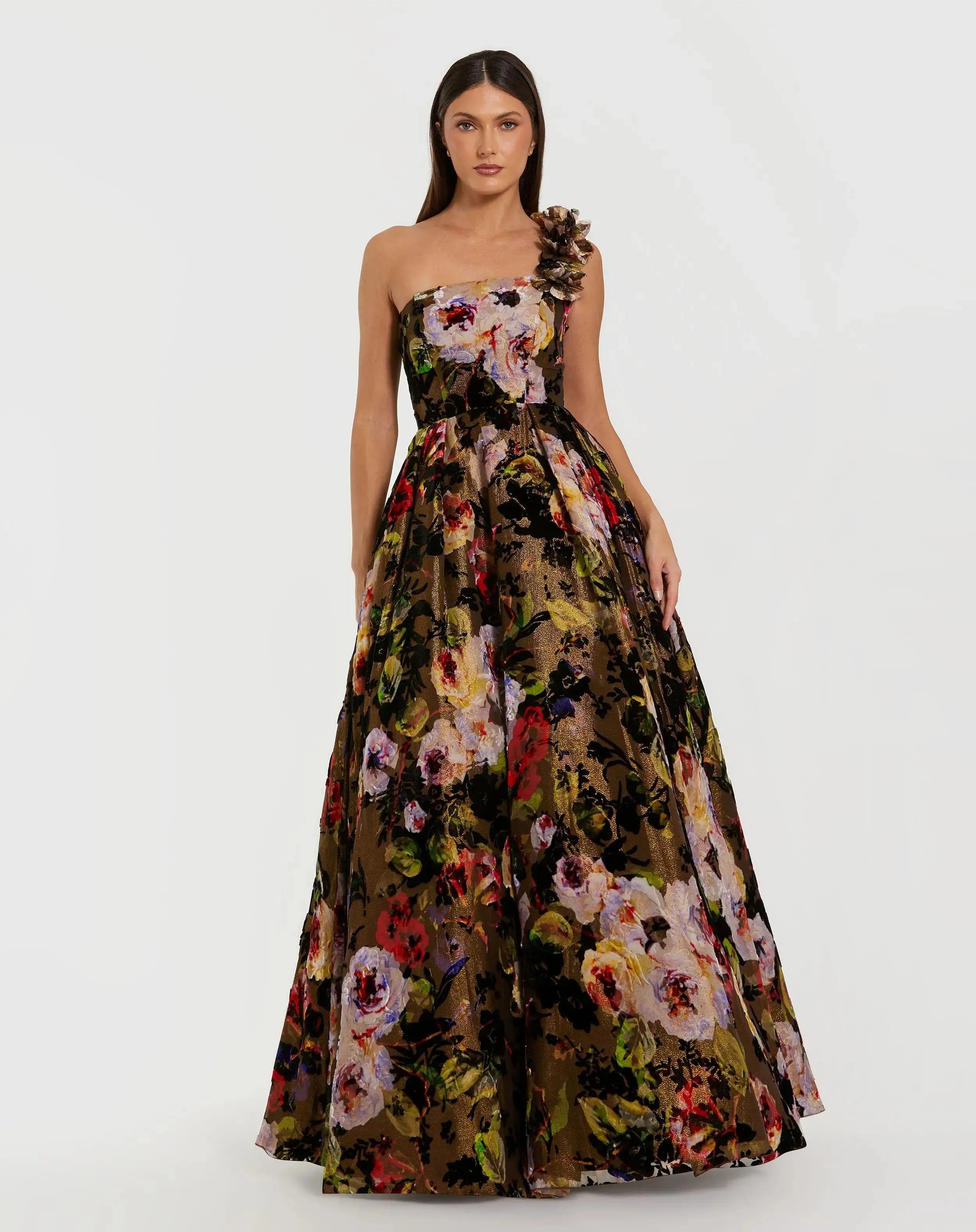 Multicolor One Shoulder Floral Velvet Ball Gown