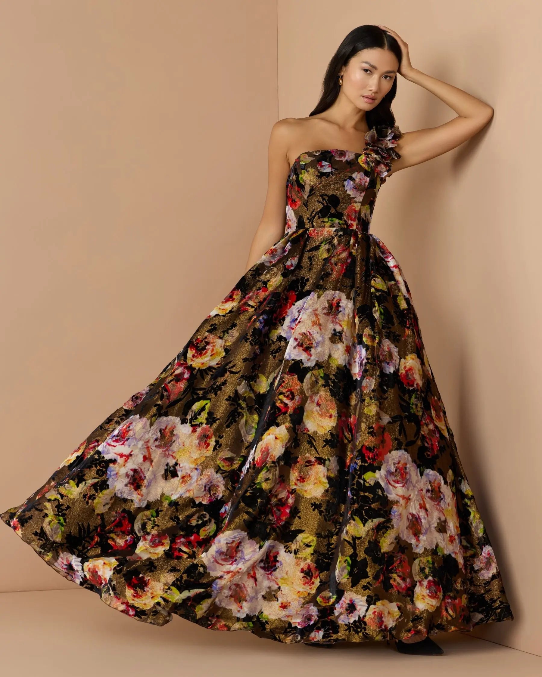 Multicolor One Shoulder Floral Velvet Ball Gown