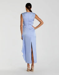 Blue Satin Beaded Embroidered Midi Dress With Bow