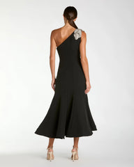 Black Crepe One Shoulder Midi Dress With Flower