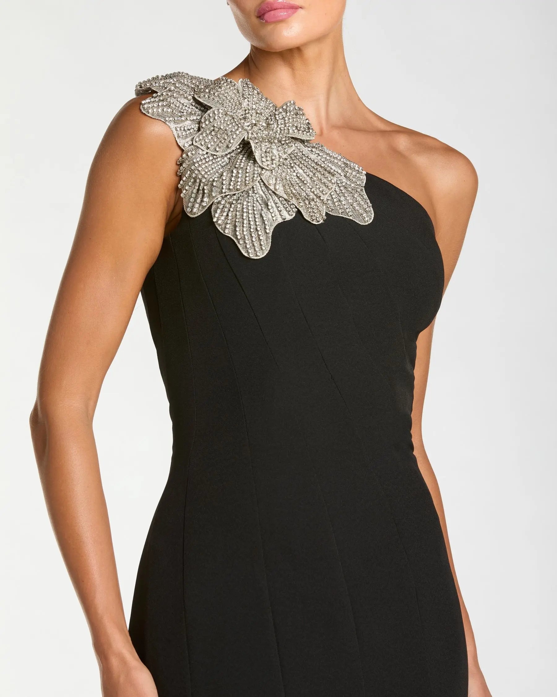 Black Crepe One Shoulder Midi Dress With Flower