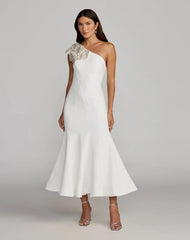 White Crepe One Shoulder Midi Dress with Flower
