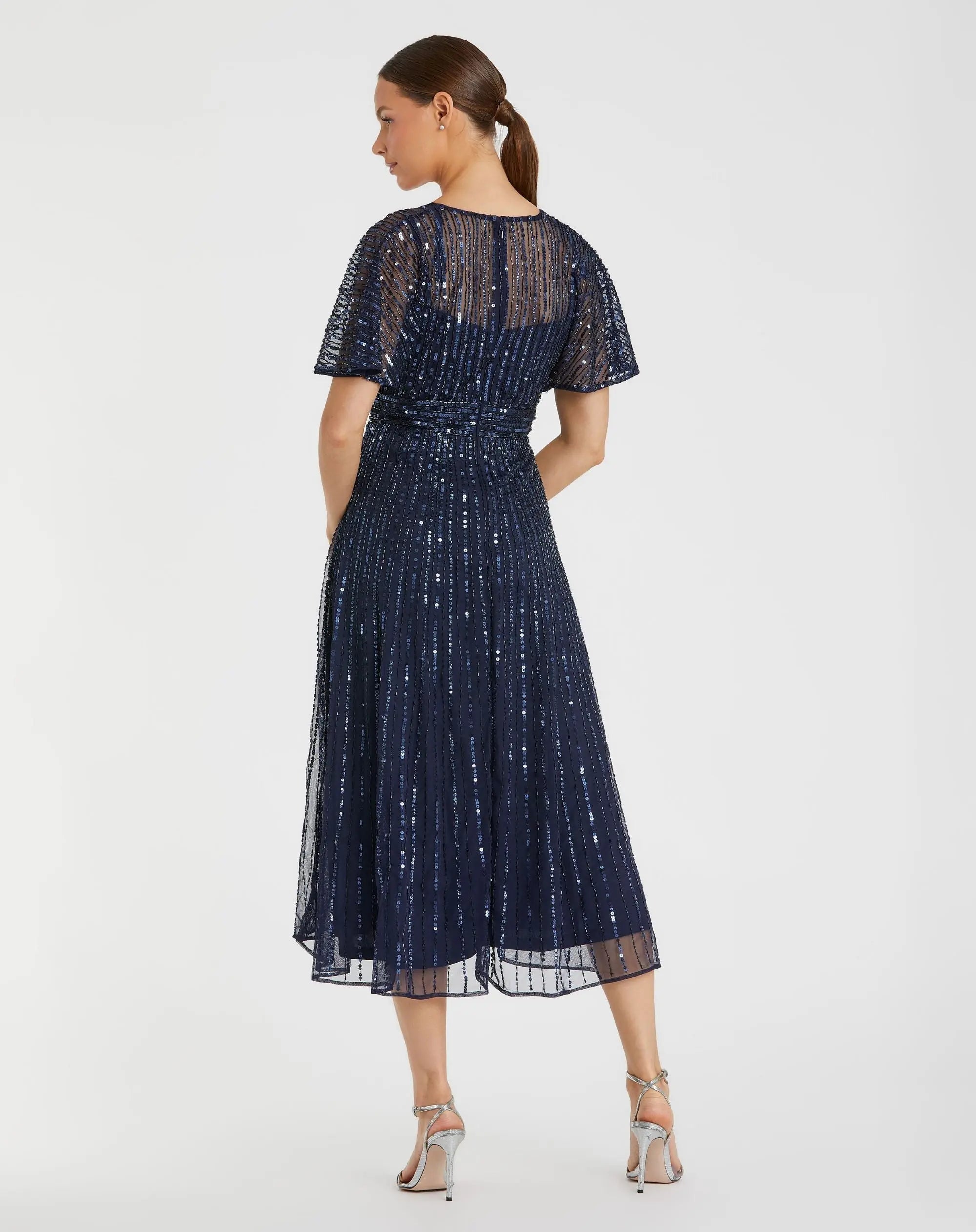 Navy Embellished Short Sleeve Empire Waist Dress
