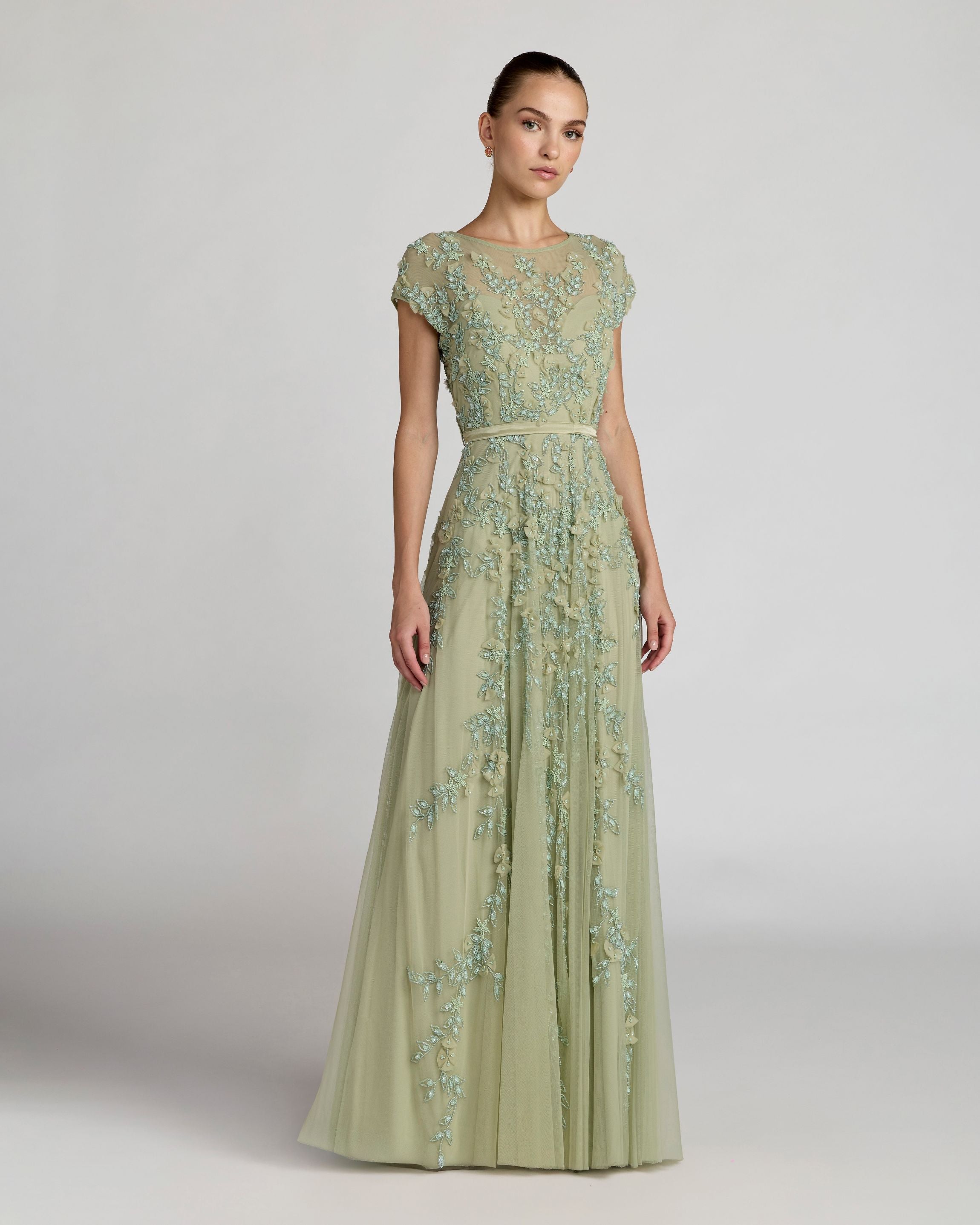 Floral Embellished Cap Sleeve Gown