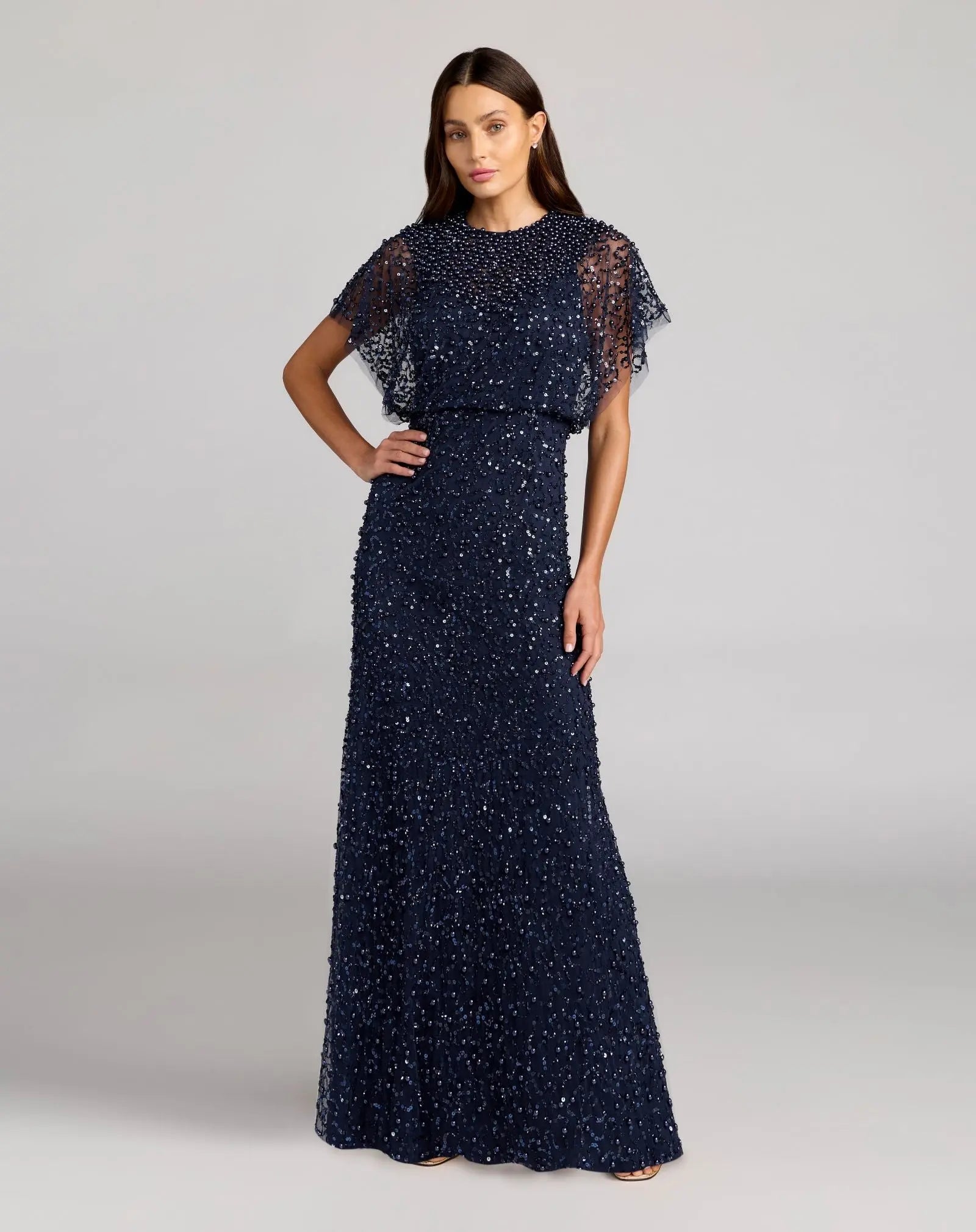 High Neck Short Sleeve Embellished Gown