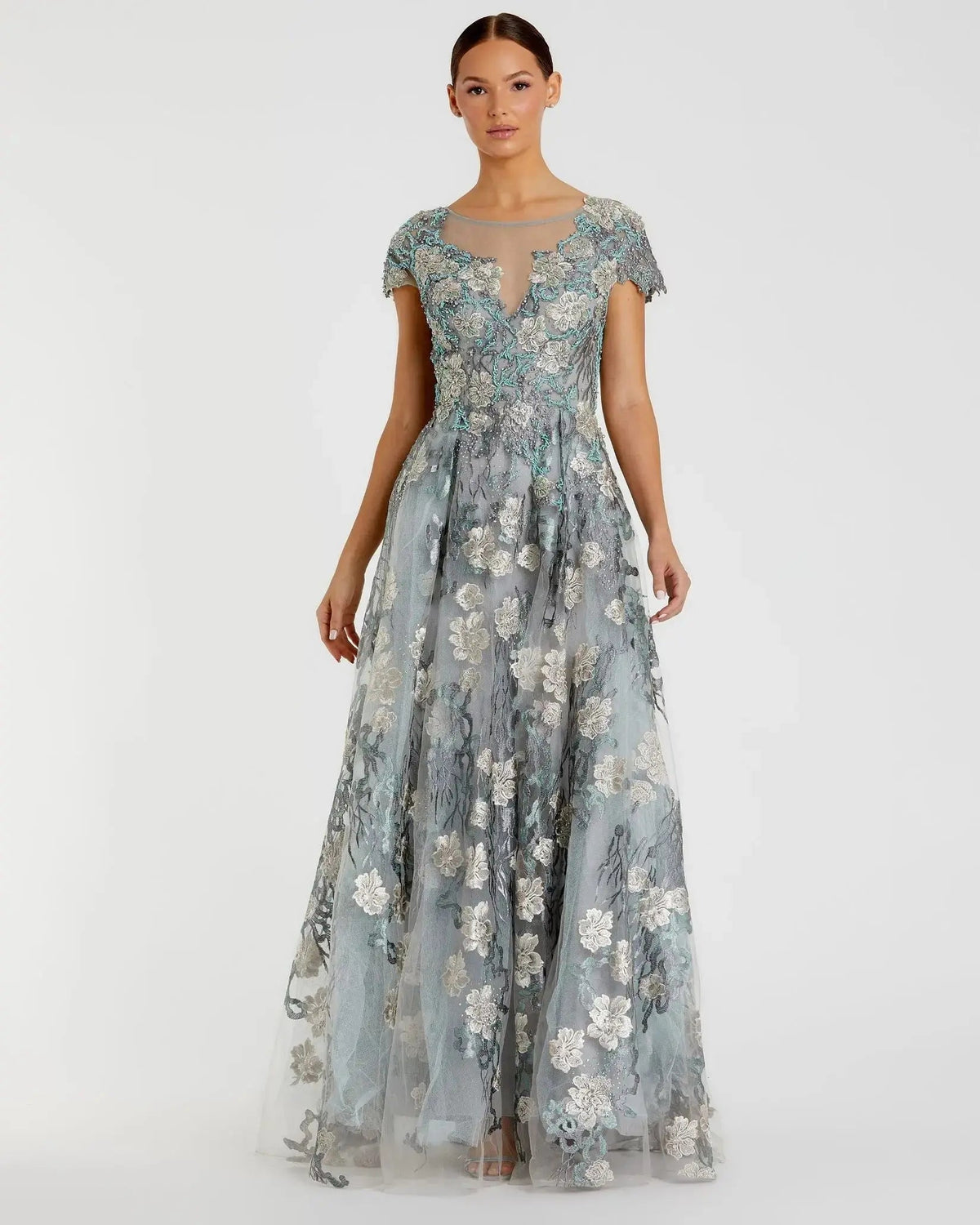 Green Floral Embroidered Short Cap Evening Gown - FINAL SALE