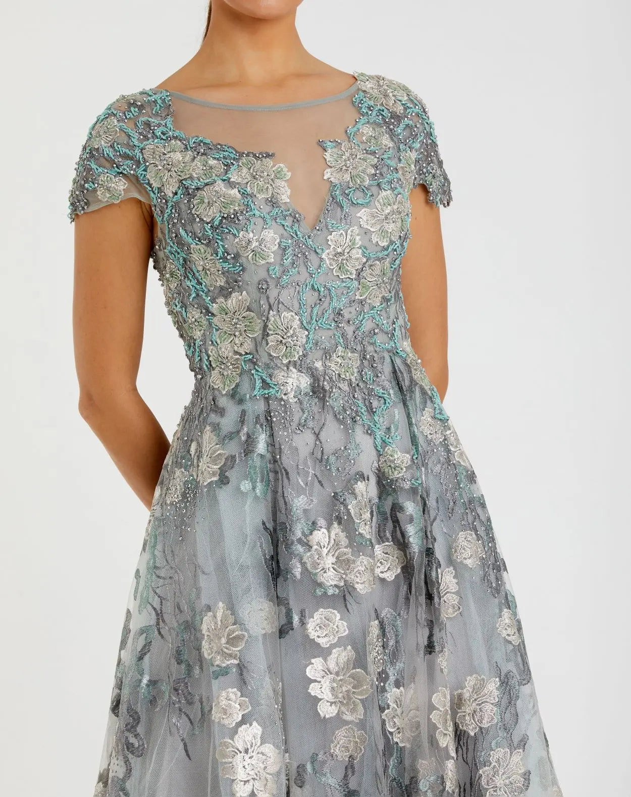Green Floral Embroidered Short Cap Evening Gown - FINAL SALE