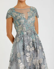 Green Floral Embroidered Short Cap Evening Gown - FINAL SALE