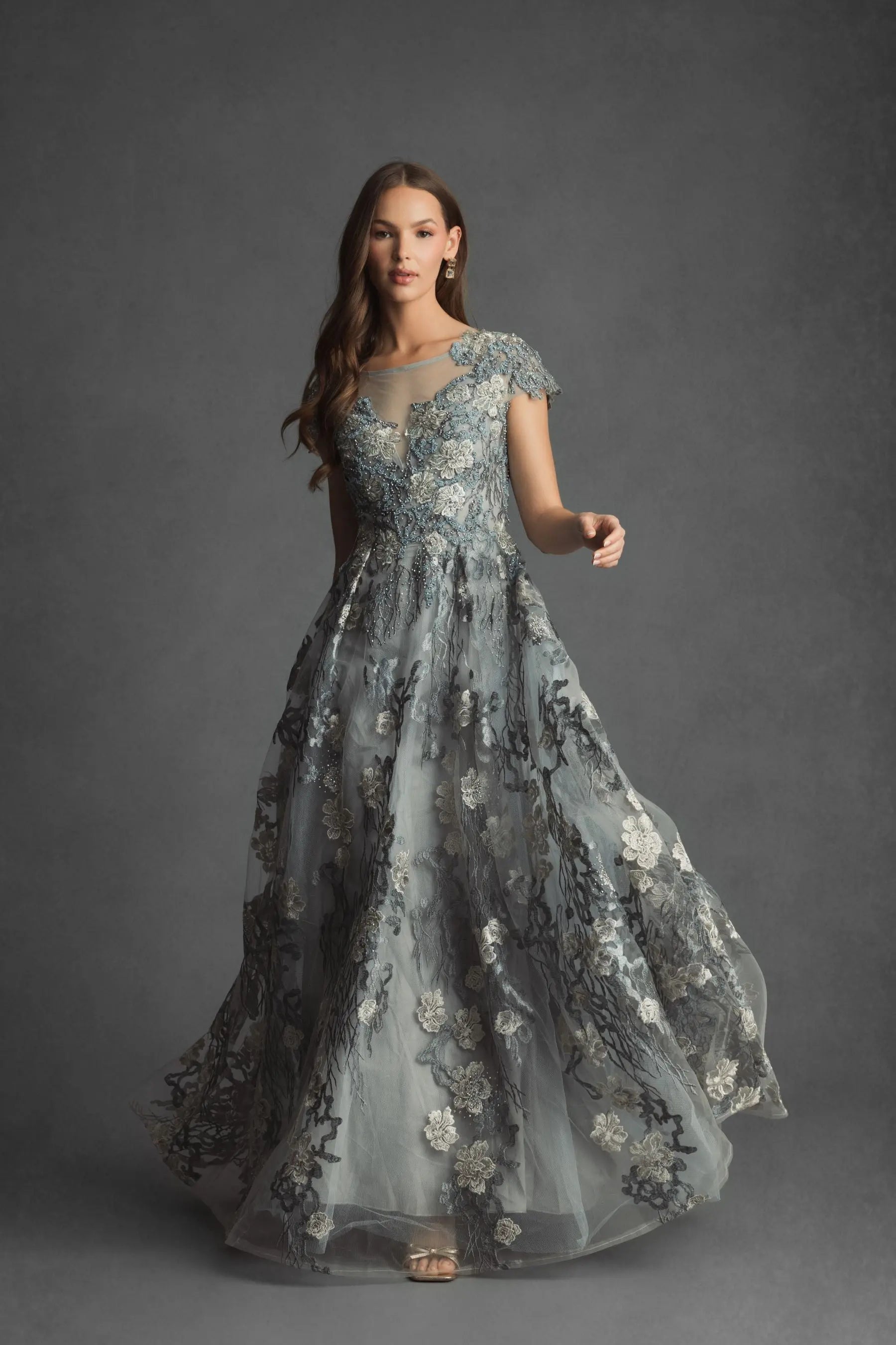 Green Floral Embroidered Short Cap Evening Gown - FINAL SALE