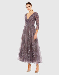 Purple Embellished Wrap Over 3/4 Sleeve Dress