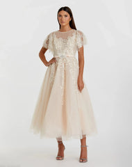 Beige Embellished Flutter Sleeve Bow Waist A Line Dress - FINAL SALE