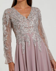 Purple Embellished Illusion V Neck Long Sleeve Gown