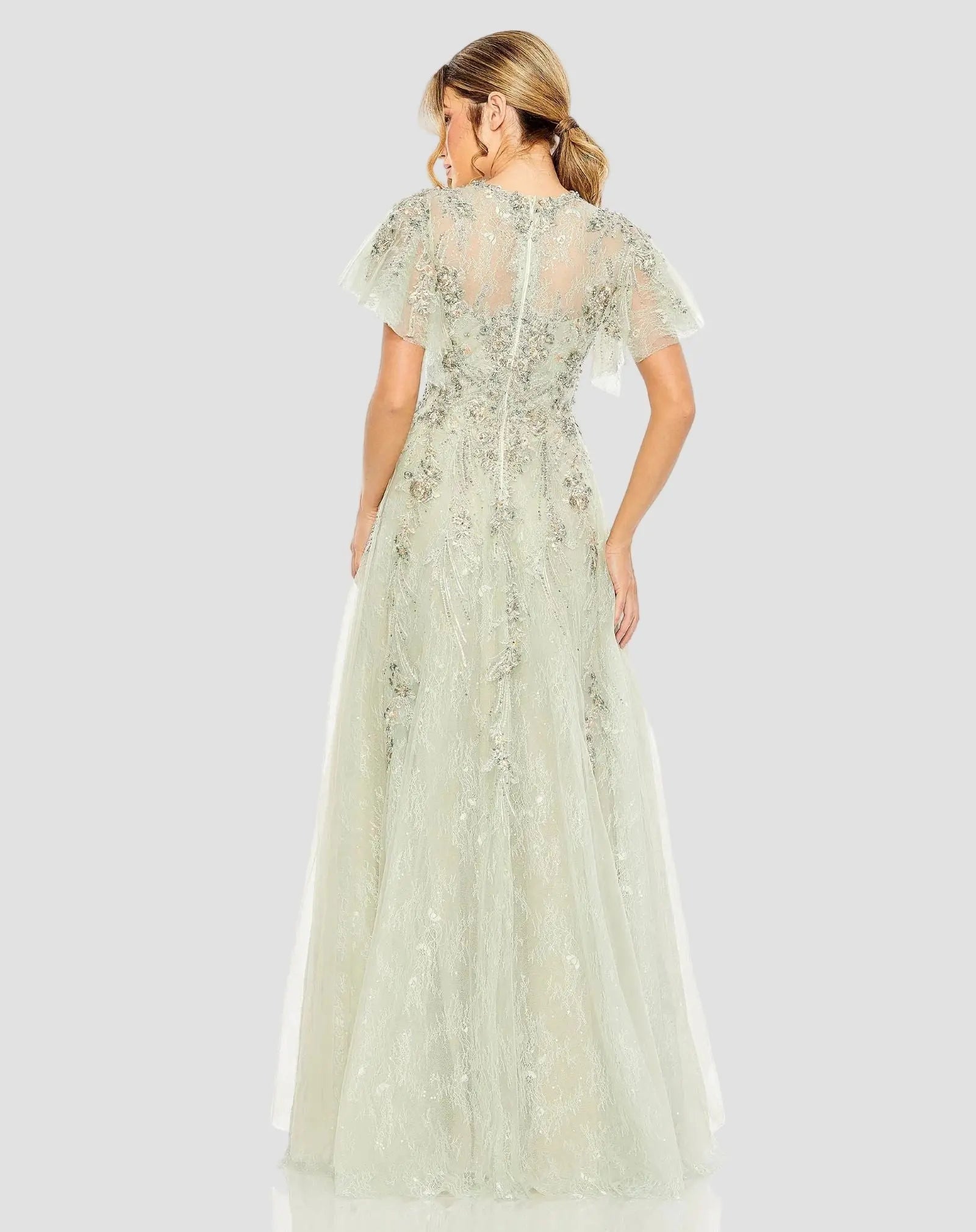Green Embroidered Tulle Flutter Sleeve A-line Gown