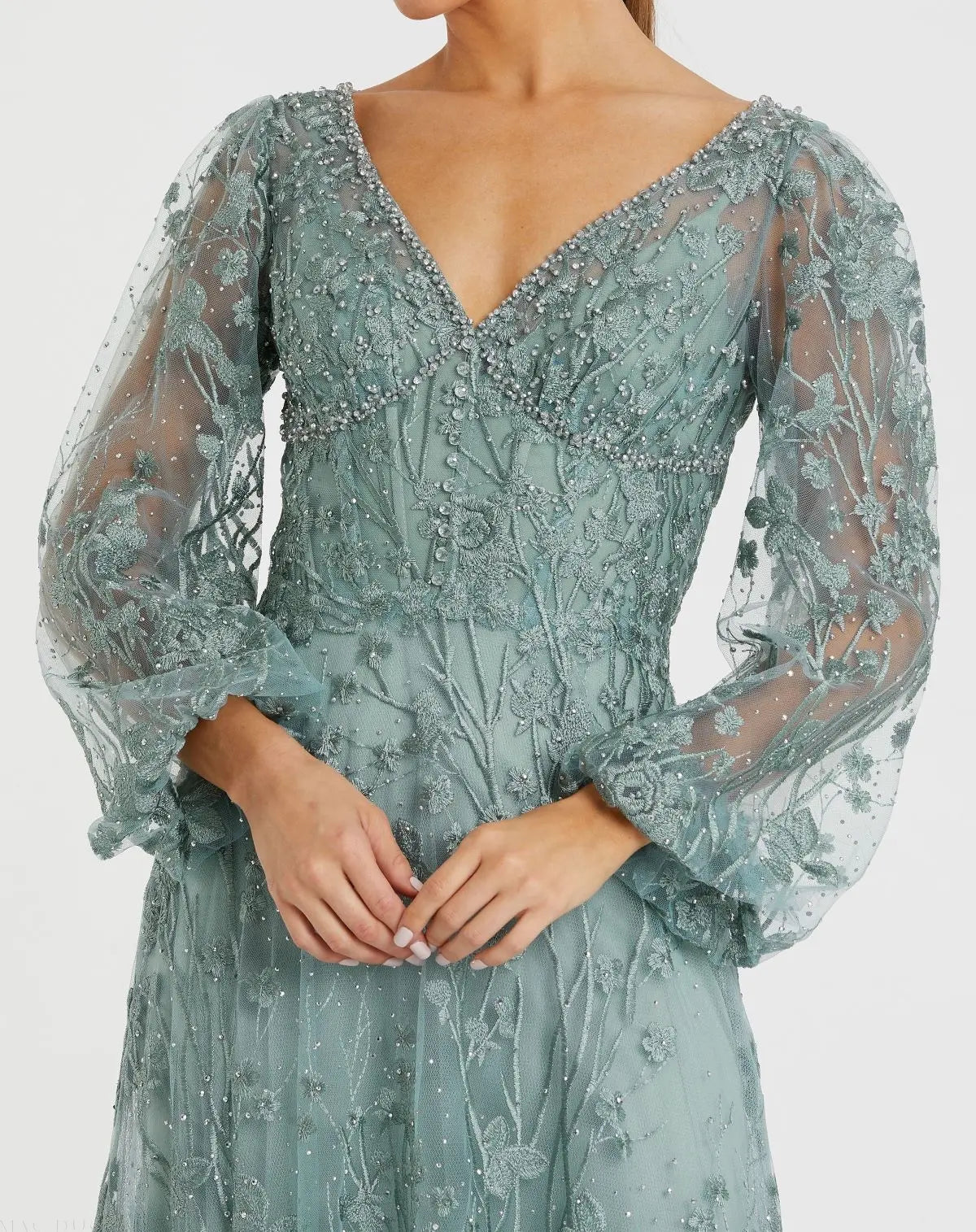Green V-Neck Embroidered A-line Tea Length Dress