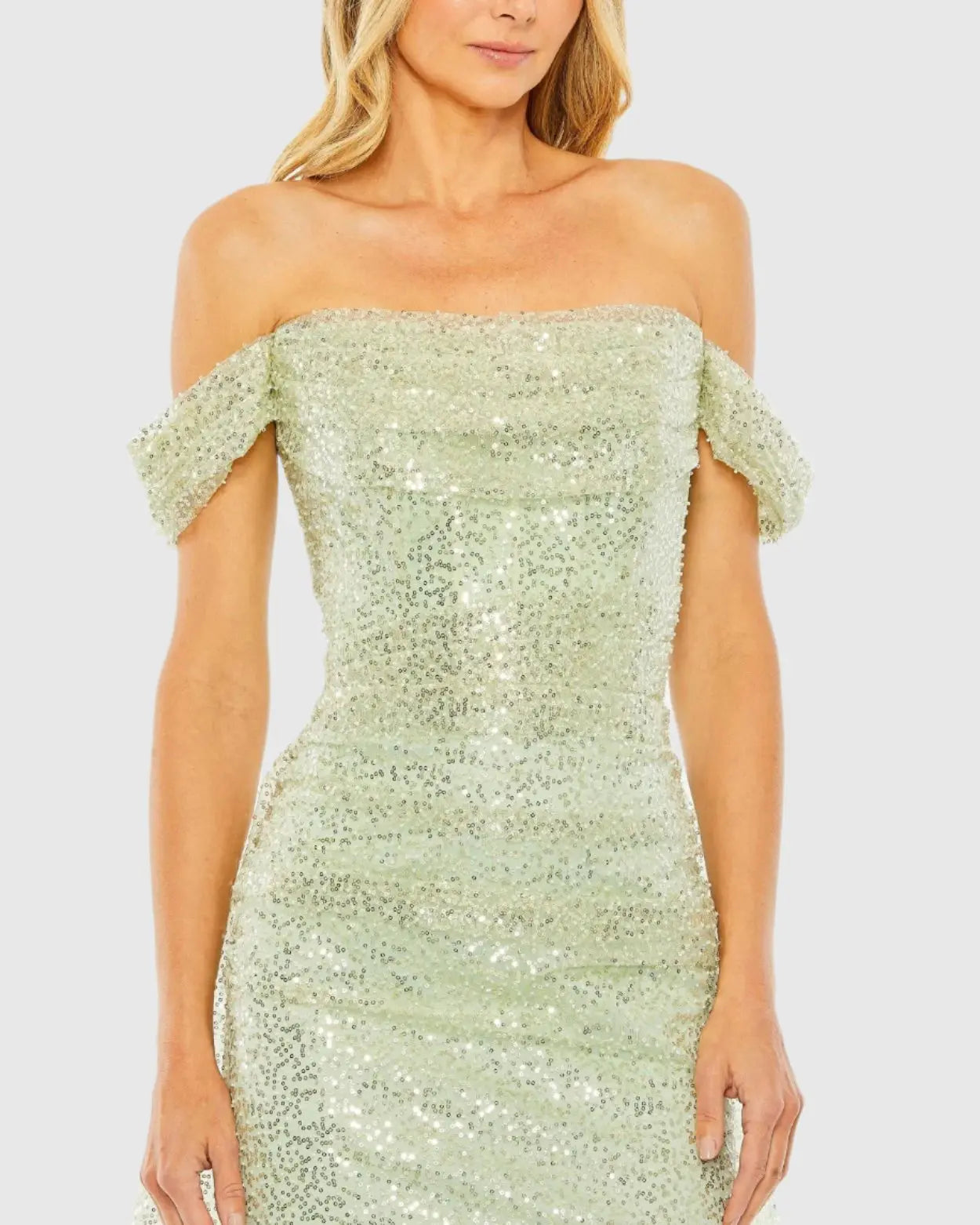Green Off the Shoulder Sequin Panel Train Gown - FINAL SALE