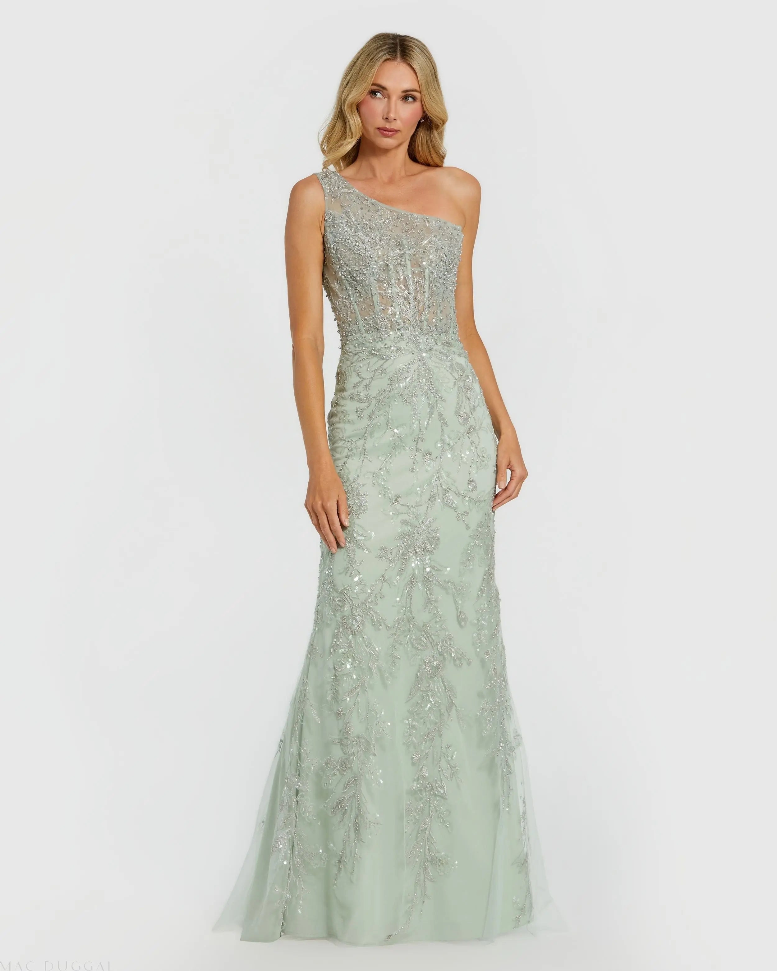 One Shoulder Hand Embellished Evening Gown