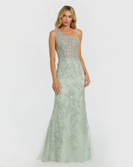 Green One Shoulder Hand Embellished Evening Gown