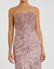Pink Beaded Sequin Strapless Trumpet Gown