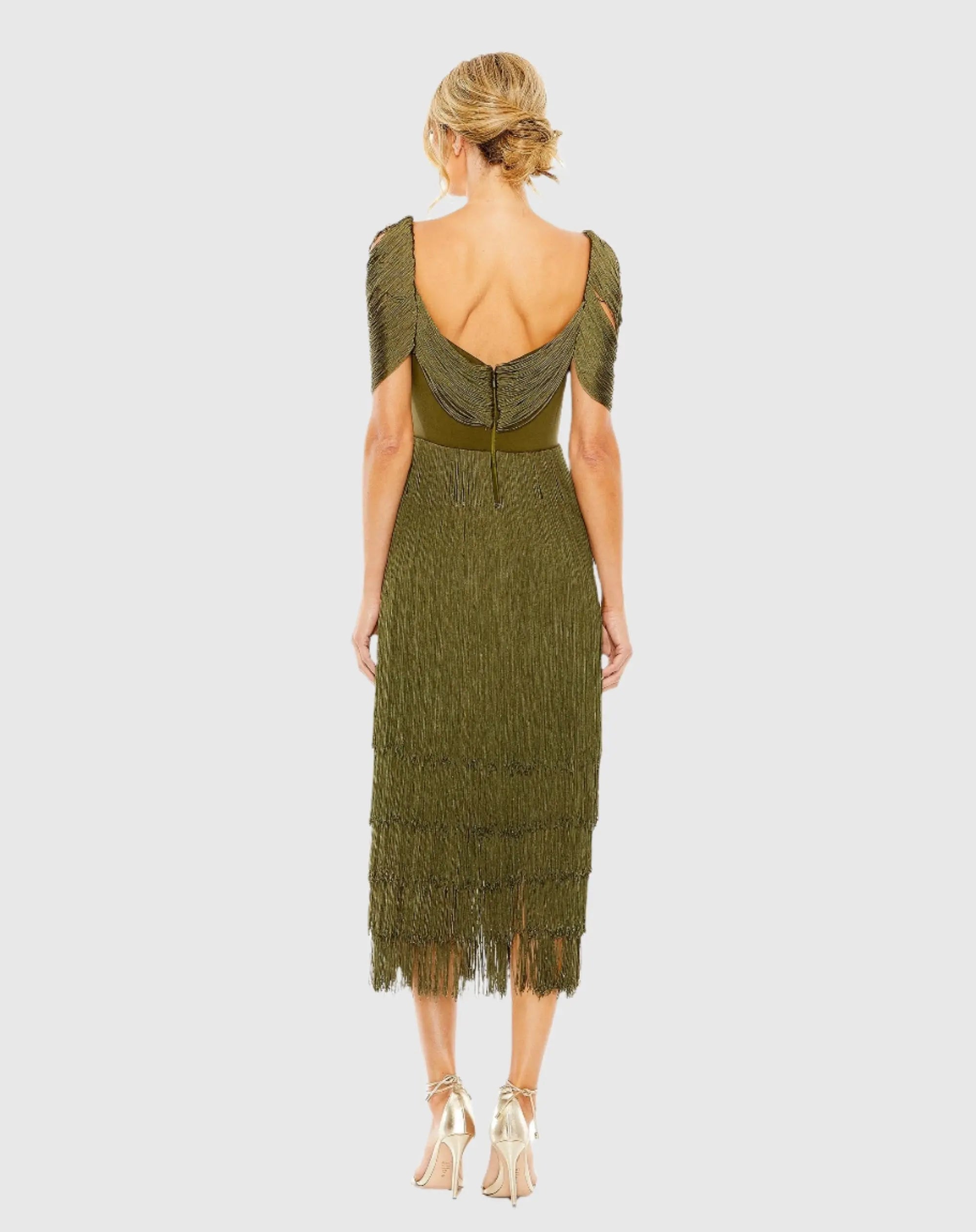 Green Short Sleeve Fringe Detailed Midi Dress