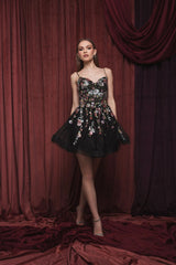 Black Thin Strap Floral Embroidered Mini Dress