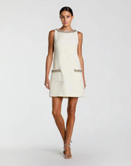 Ivory Sleeveless Shift Mini Dress with Rhinestone Trim