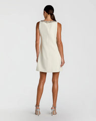 Ivory Sleeveless Shift Mini Dress with Rhinestone Trim