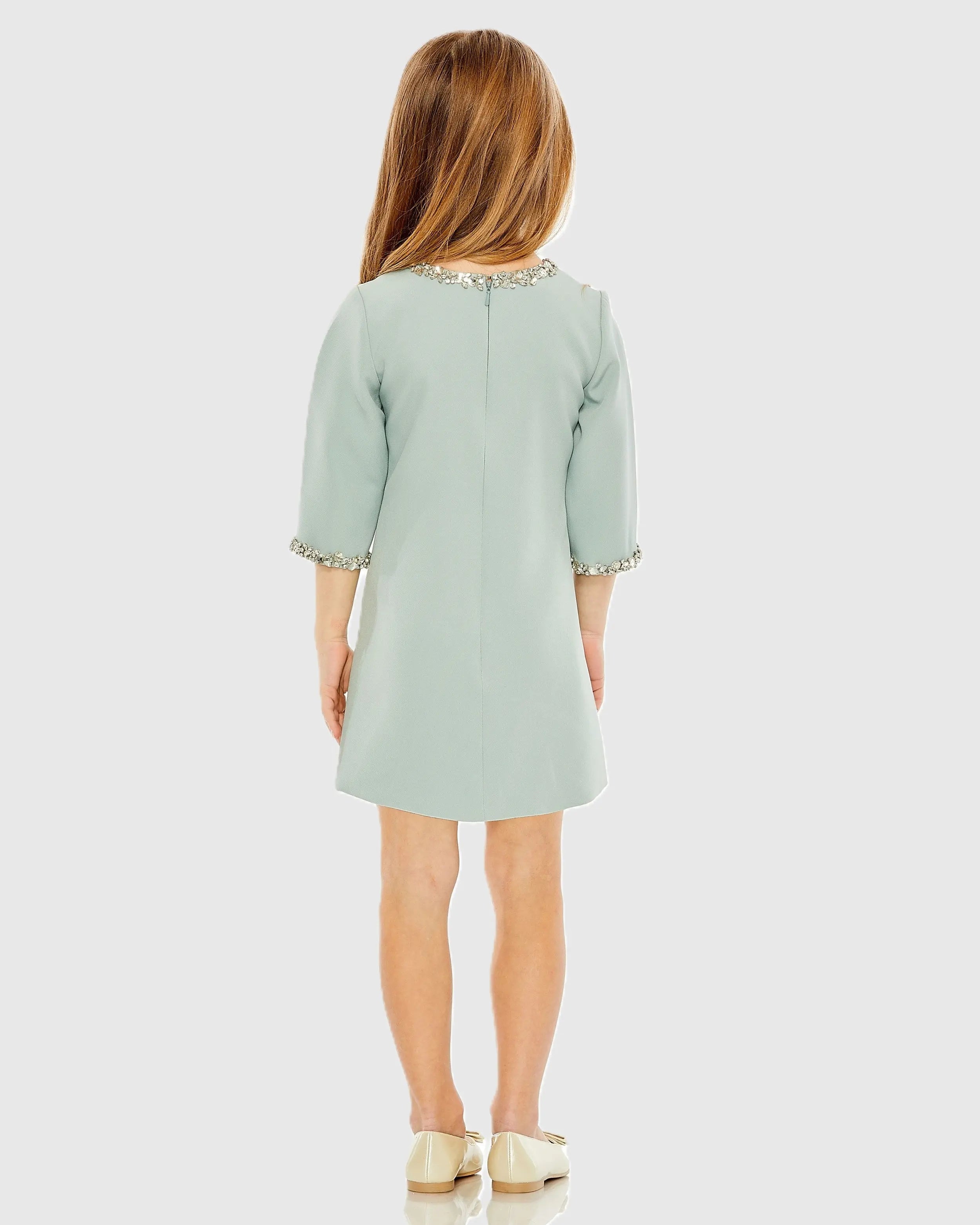 Girls Green Rhinestone Beaded A-Line Mini Dress