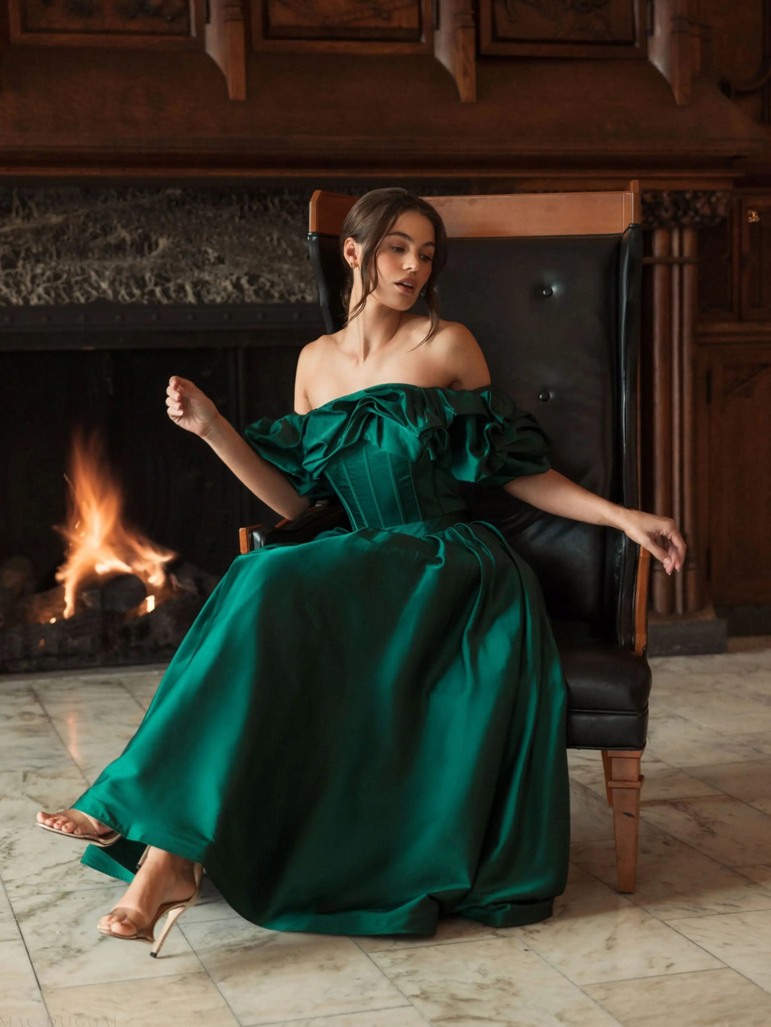 Green Off The Shoulder Tea Length Dress