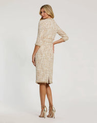 Beige Beaded Trim Boucle Midi Dress with 3/4 Sleeves