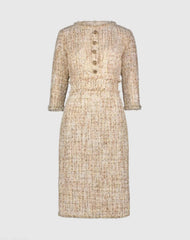 Beige Beaded Trim Boucle Midi Dress with 3/4 Sleeves
