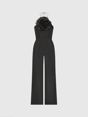 Black Crepe Halter Neck Jumpsuit With Flower