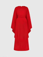 Red Crepe Boat Neck Kaftan Maxi Dress With Belt