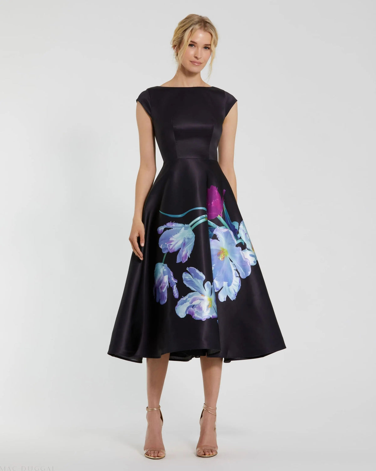 Black Satin Cap Sleeve Midi Dress With Floral Print