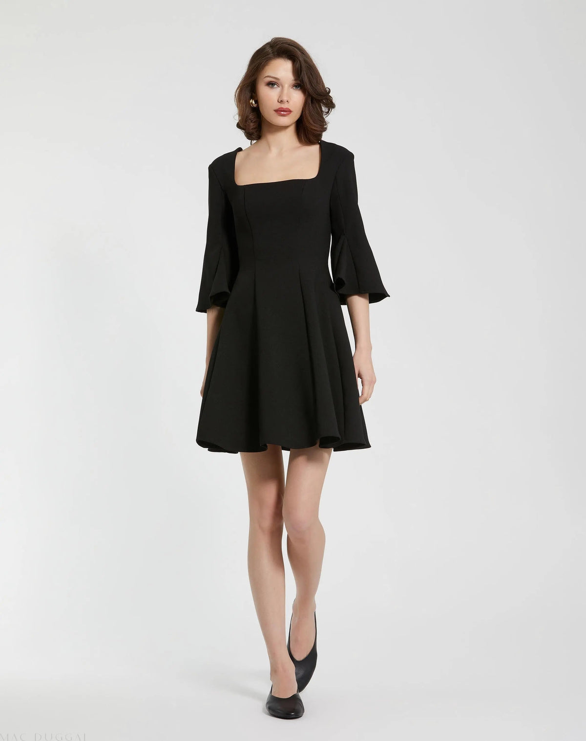Black Crepe Square Neck 3/4 Sleeve Godet Mini Dress - FINAL SALE