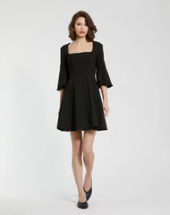 Black Crepe Square Neck 3/4 Sleeve Godet Mini Dress - FINAL SALE