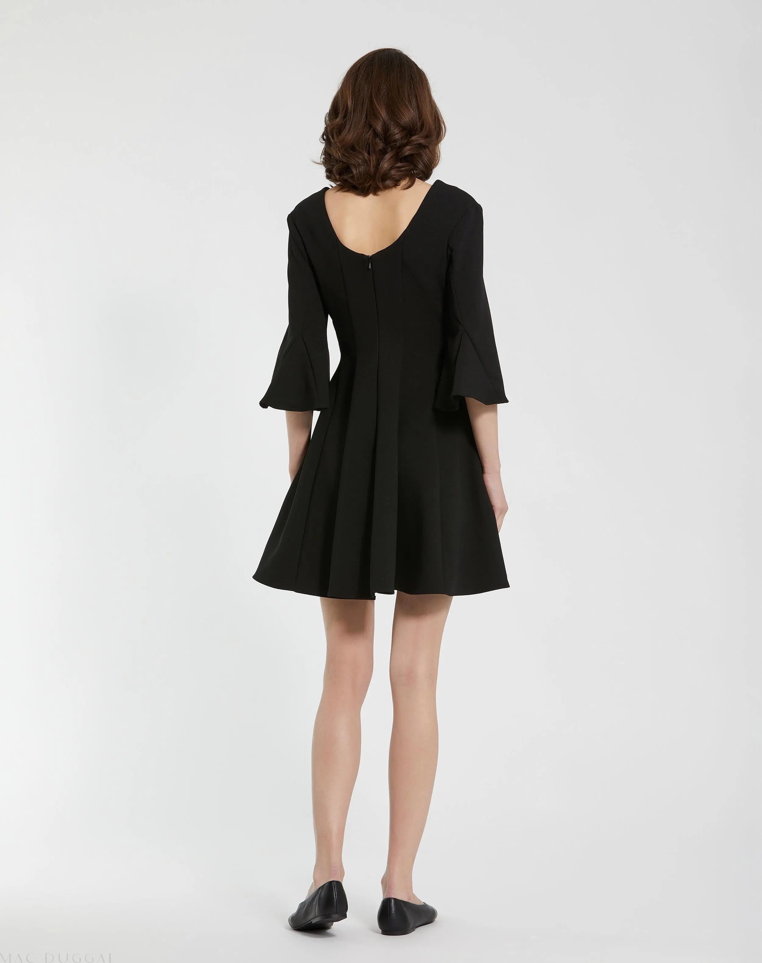 Black Crepe Square Neck 3/4 Sleeve Godet Mini Dress - FINAL SALE