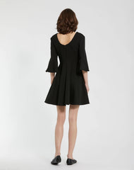 Black Crepe Square Neck 3/4 Sleeve Godet Mini Dress - FINAL SALE