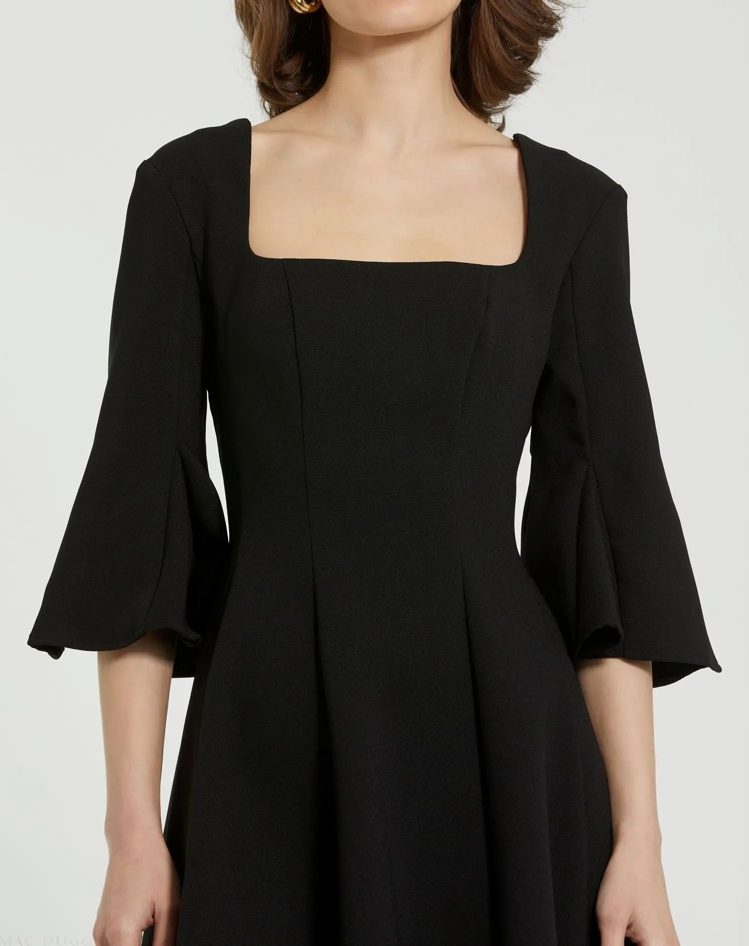 Black Crepe Square Neck 3/4 Sleeve Godet Mini Dress - FINAL SALE