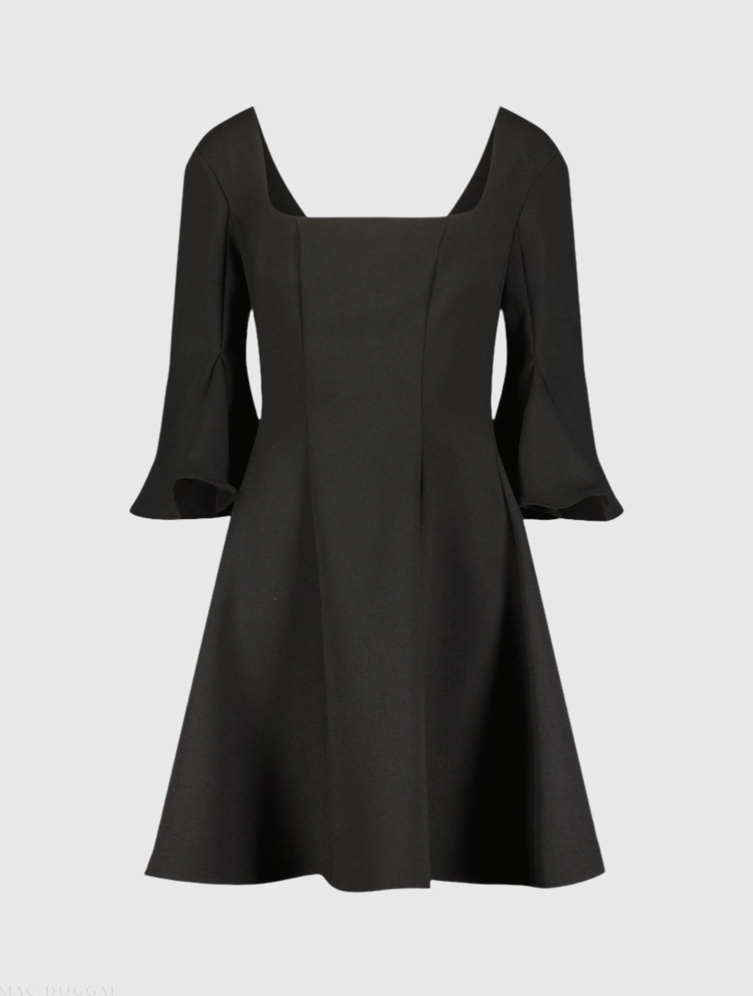 Black Crepe Square Neck 3/4 Sleeve Godet Mini Dress - FINAL SALE