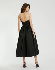 Black Faille Strapless A Line Midi Dress With 3D Rose - FINAL SALE