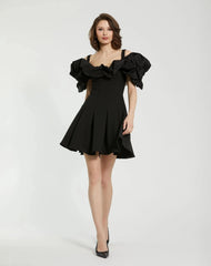 Black Crepe Godet Hem Mini Dress With Faille Ruffle - FINAL SALE