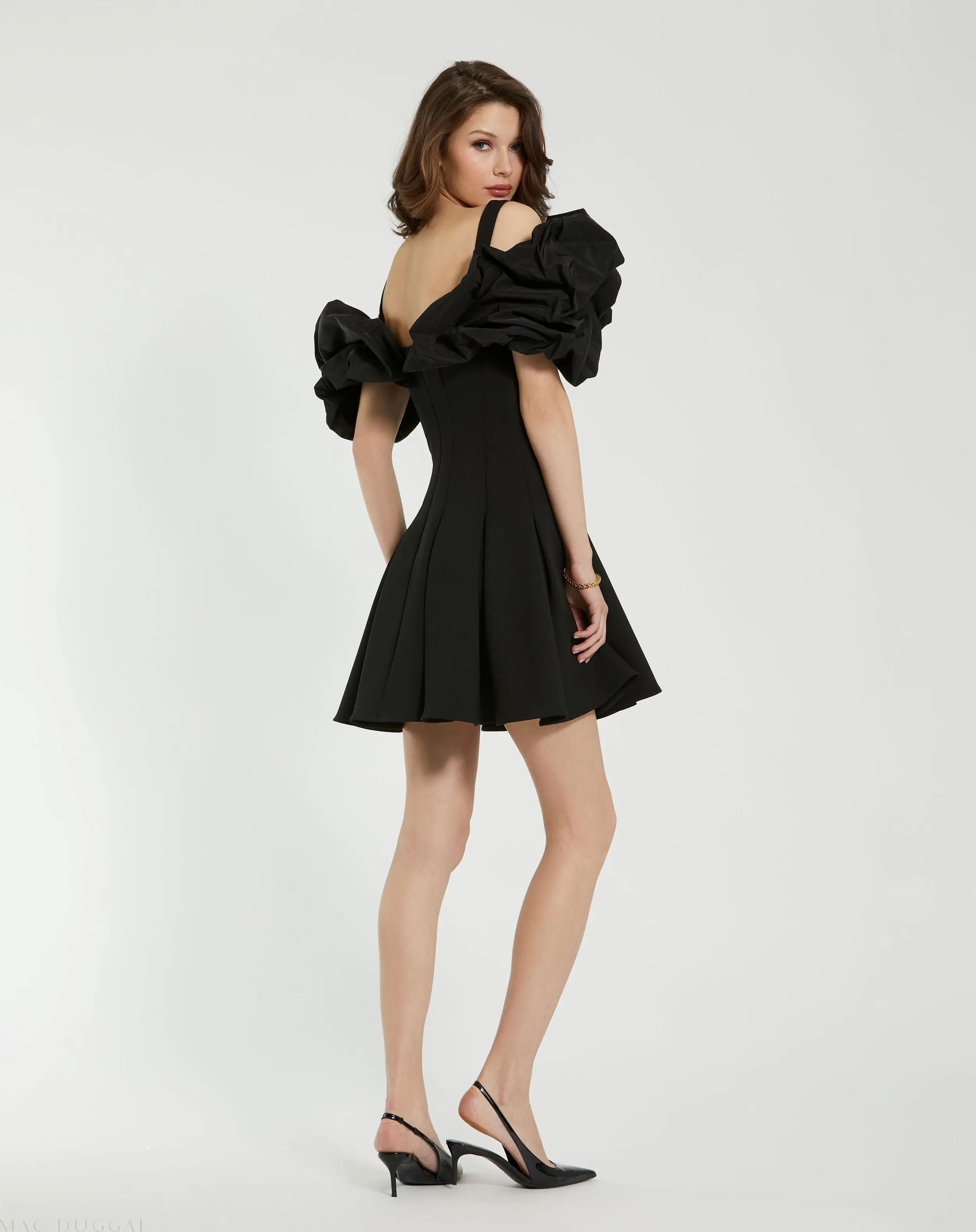 Black Crepe Godet Hem Mini Dress With Faille Ruffle - FINAL SALE