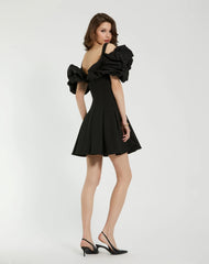Black Crepe Godet Hem Mini Dress With Faille Ruffle - FINAL SALE