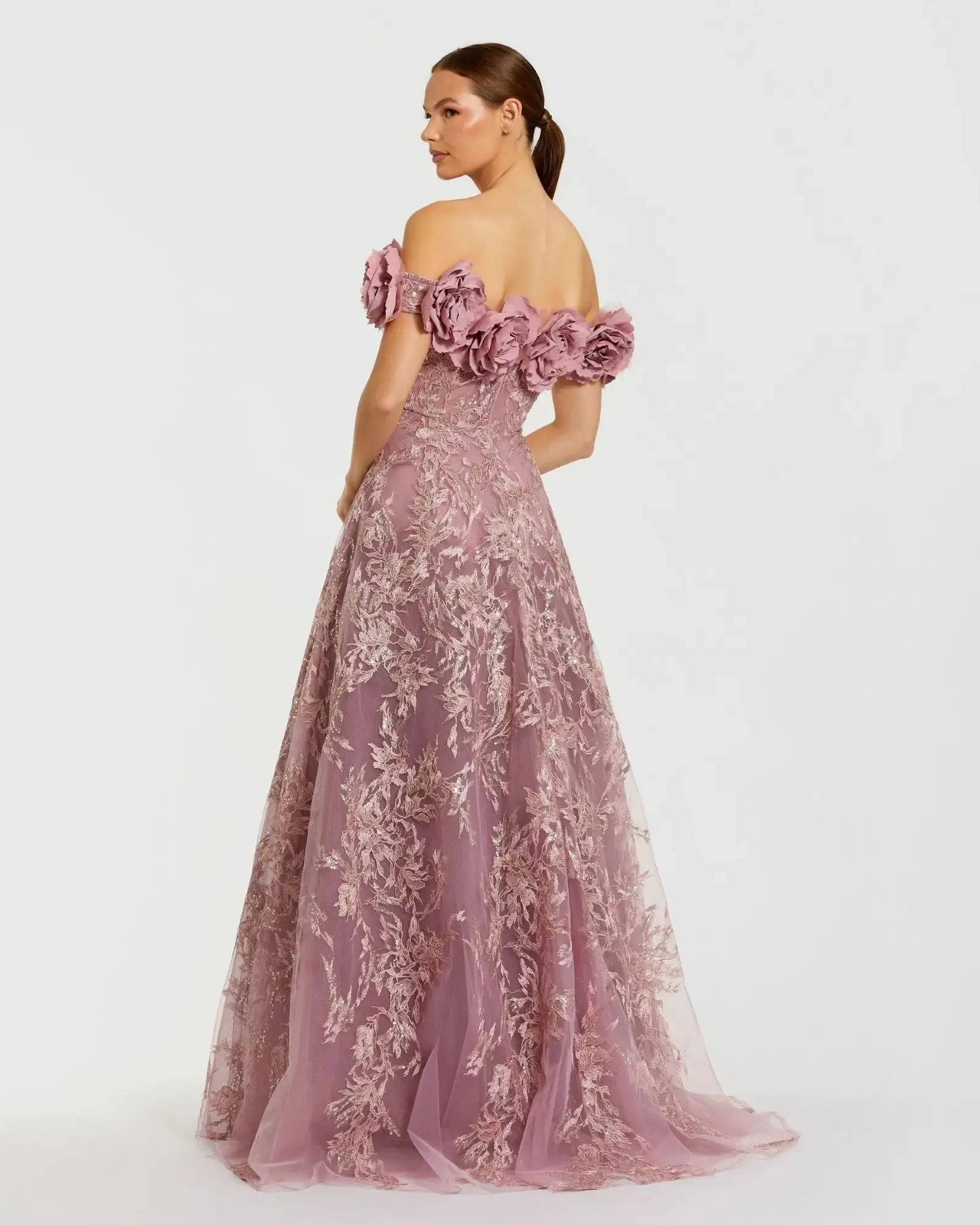 Purple Off The Shoulder 3D Floral Embroidered A-Line Gown