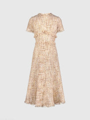 Beige Boucle Short Sleeve A Line Midi Dress