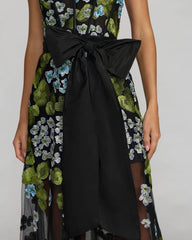 Black Floral Embroidered Corset Gown With Bow